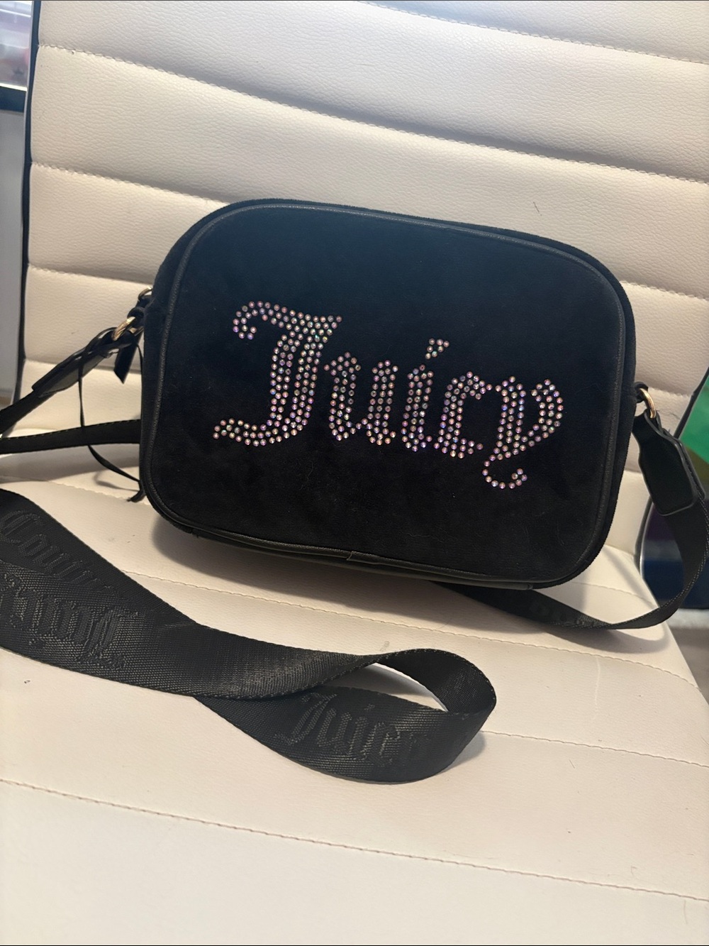 Juicy Couture Black Crossbody Bag with Pink Rhinestone 'Juicy' Logo